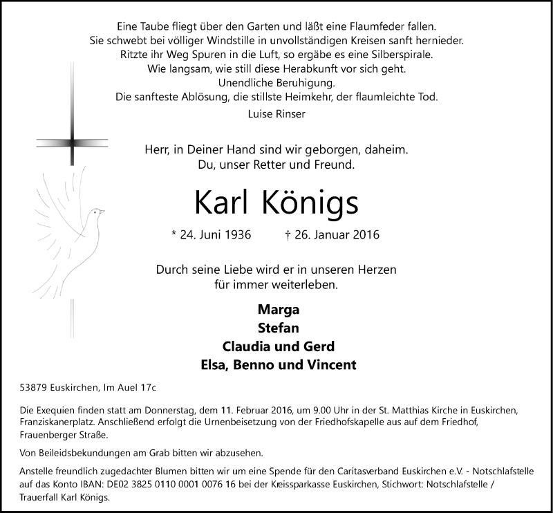 Traueranzeige für Karl Königs vom 07.02.2016 aus  Blickpunkt Euskirchen 