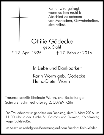Anzeige von Ottilie Gödecke von Kölner Stadt-Anzeiger / Kölnische Rundschau / Express