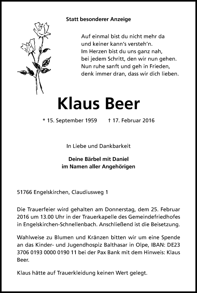  Traueranzeige für Klaus Beer vom 23.02.2016 aus Kölner Stadt-Anzeiger / Kölnische Rundschau / Express