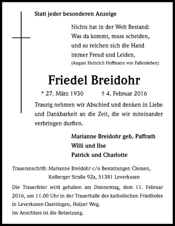 Anzeige von Friedel Breidohr von Kölner Stadt-Anzeiger / Kölnische Rundschau / Express