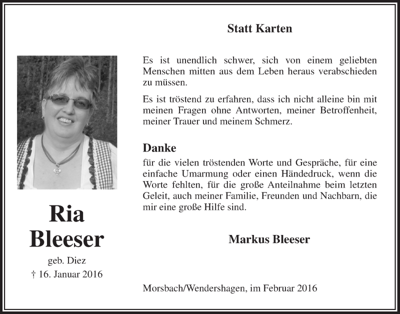  Traueranzeige für Ria Bleeser vom 24.02.2016 aus  Lokalanzeiger 