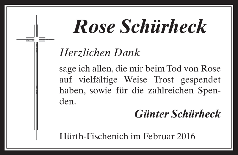  Traueranzeige für Rose Schürheck vom 10.02.2016 aus  Wochenende 