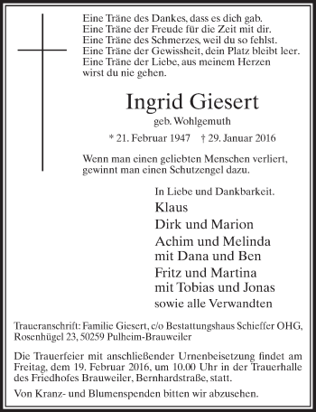 Anzeige von Ingrid Giesert von  Sonntags-Post 