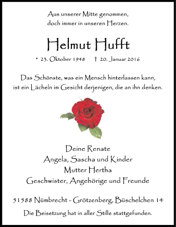 Anzeige von Helmut Hufft von Kölner Stadt-Anzeiger / Kölnische Rundschau / Express