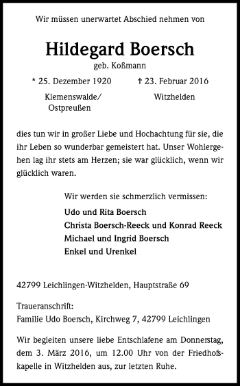 Anzeige von Hildegard Boersch von Kölner Stadt-Anzeiger / Kölnische Rundschau / Express