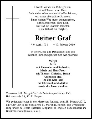 Anzeige von Reiner Graf von Kölner Stadt-Anzeiger / Kölnische Rundschau / Express