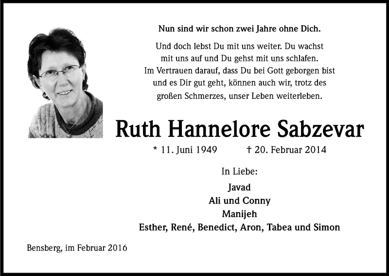  Traueranzeige für Ruth Hannelore Sabzevar vom 19.02.2016 aus Kölner Stadt-Anzeiger / Kölnische Rundschau / Express
