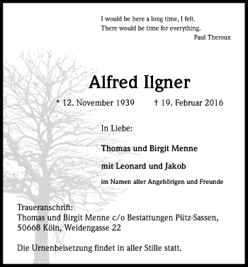 Anzeige von Alfred Ilgner von Kölner Stadt-Anzeiger / Kölnische Rundschau / Express