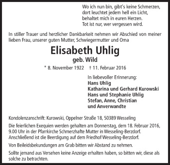 Anzeige von Elisabeth Uhlig von  Schlossbote/Werbekurier 