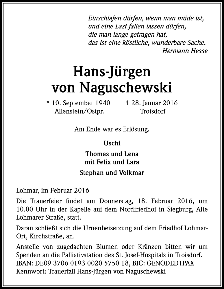  Traueranzeige für Hans-Jürgen von Naguschewski vom 13.02.2016 aus Kölner Stadt-Anzeiger / Kölnische Rundschau / Express