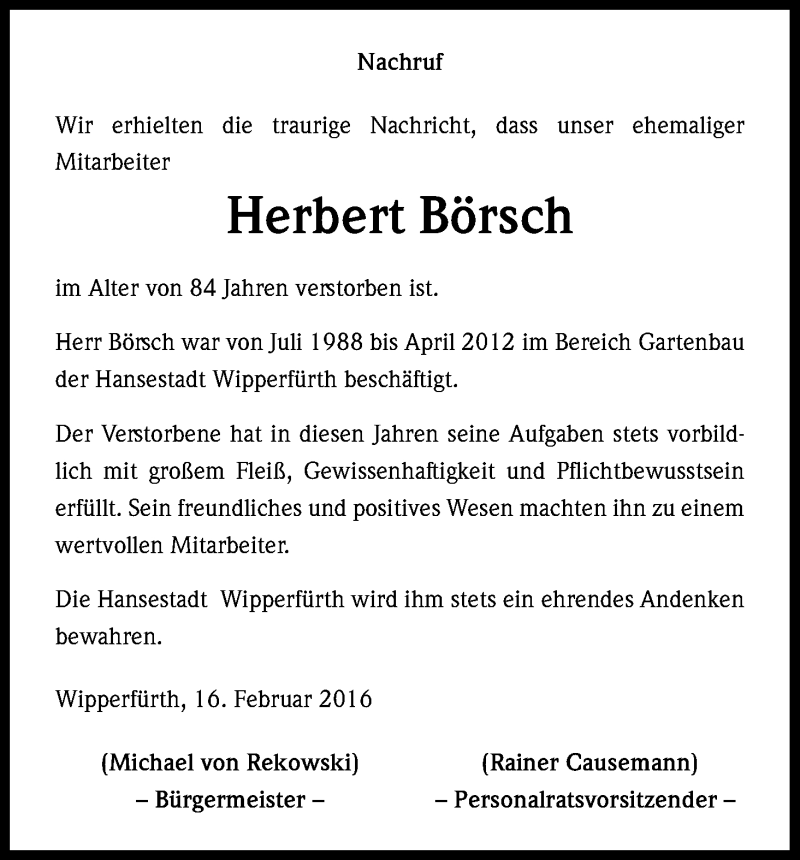  Traueranzeige für Herbert Börsch vom 19.02.2016 aus Kölner Stadt-Anzeiger / Kölnische Rundschau / Express