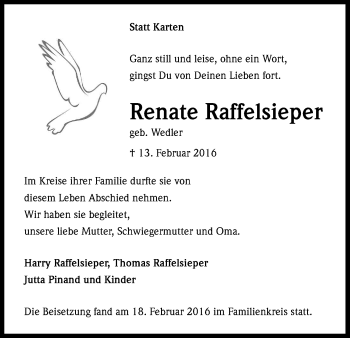 Anzeige von Renate Raffelsieper von Kölner Stadt-Anzeiger / Kölnische Rundschau / Express