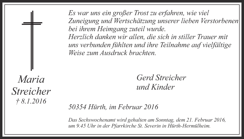  Traueranzeige für Maria Streicher vom 17.02.2016 aus  Wochenende 
