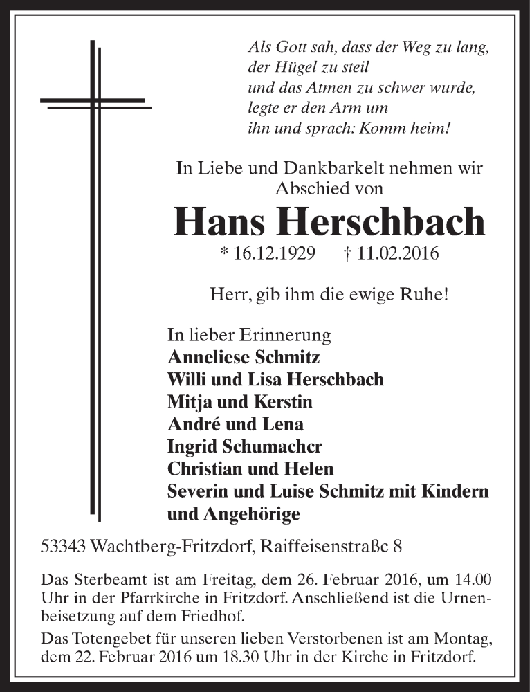  Traueranzeige für Hans Herschbach vom 20.02.2016 aus  Schaufenster/Blickpunkt am Wochenende 
