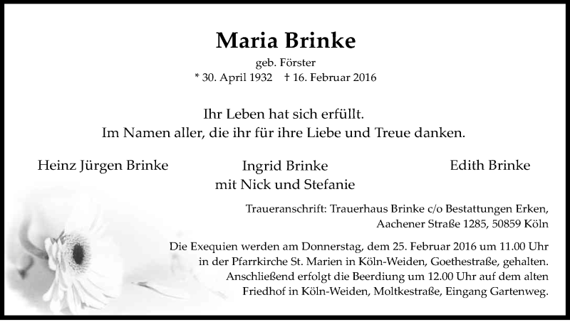  Traueranzeige für Maria Brinke vom 20.02.2016 aus Kölner Stadt-Anzeiger / Kölnische Rundschau / Express