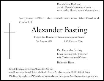 Anzeige von Alexander Basting von Kölner Stadt-Anzeiger / Kölnische Rundschau / Express