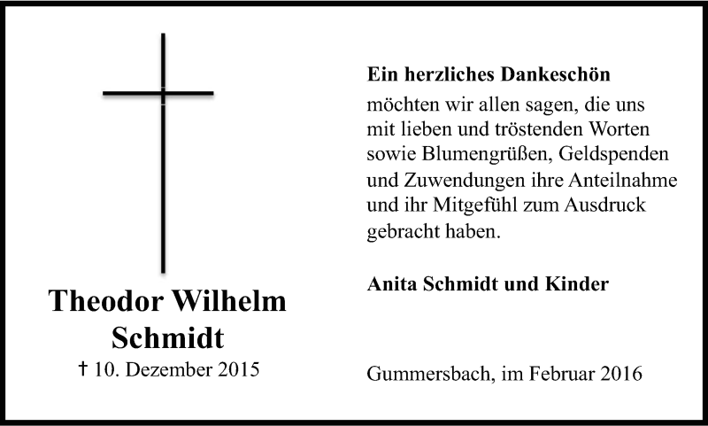  Traueranzeige für Theodor Wilhelm Schmidt vom 06.02.2016 aus Kölner Stadt-Anzeiger / Kölnische Rundschau / Express