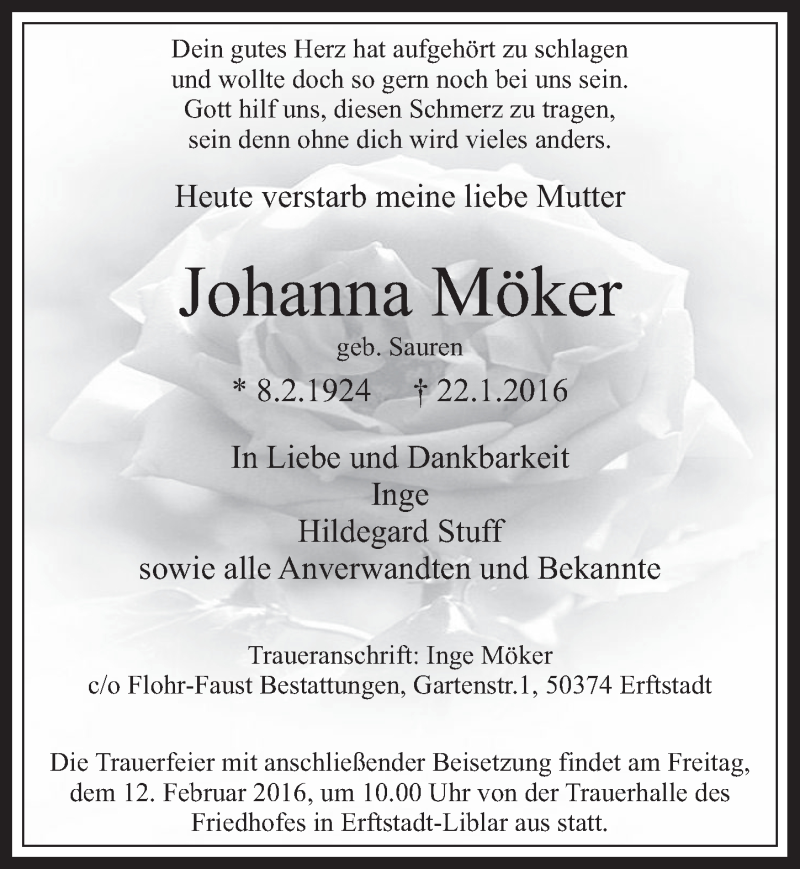  Traueranzeige für Johanna Möker vom 10.02.2016 aus  Werbepost 