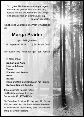 Anzeige von Marga Präder von Kölner Stadt-Anzeiger / Kölnische Rundschau / Express