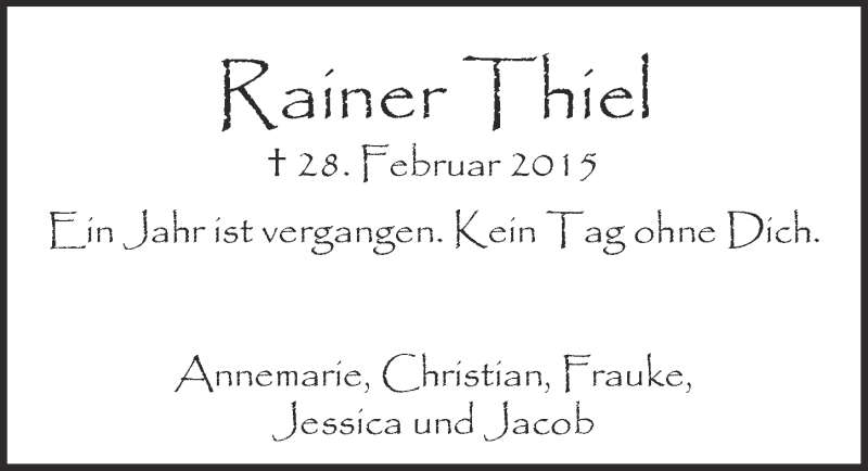  Traueranzeige für Rainer Thiel vom 27.02.2016 aus  Sonntags-Post 