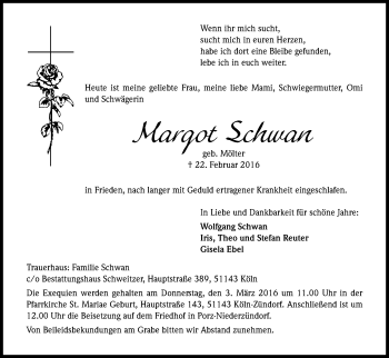 Anzeige von Margot Schwan von Kölner Stadt-Anzeiger / Kölnische Rundschau / Express