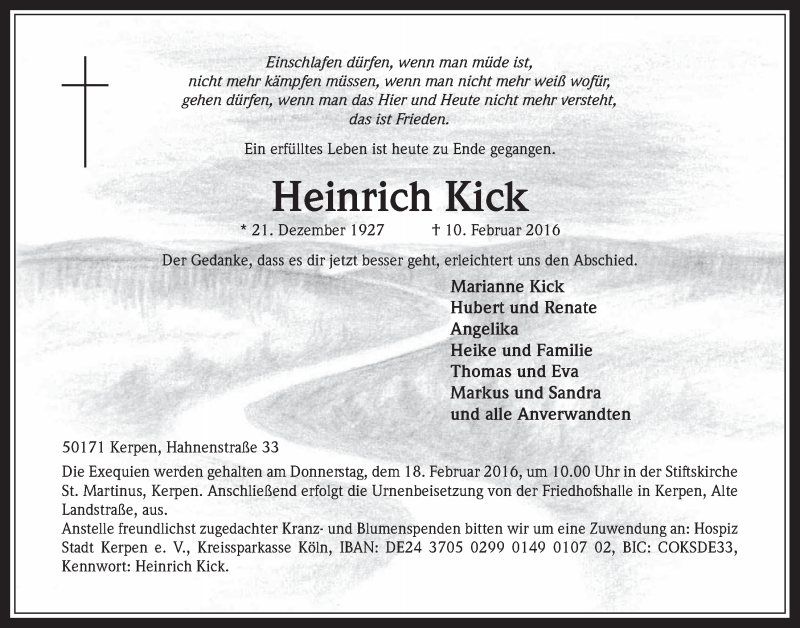 Traueranzeige für Heinrich Kick vom 17.02.2016 aus  Werbepost 
