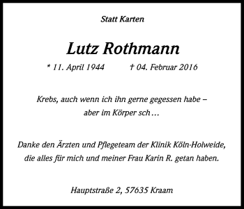 Anzeige von Lutz Rothmann von Kölner Stadt-Anzeiger / Kölnische Rundschau / Express