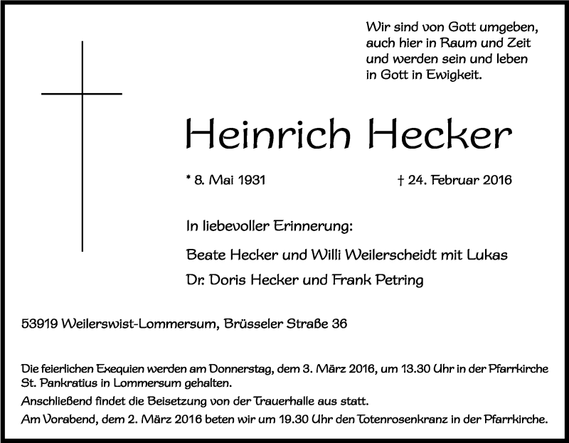  Traueranzeige für Heinrich Hecker vom 27.02.2016 aus Kölner Stadt-Anzeiger / Kölnische Rundschau / Express