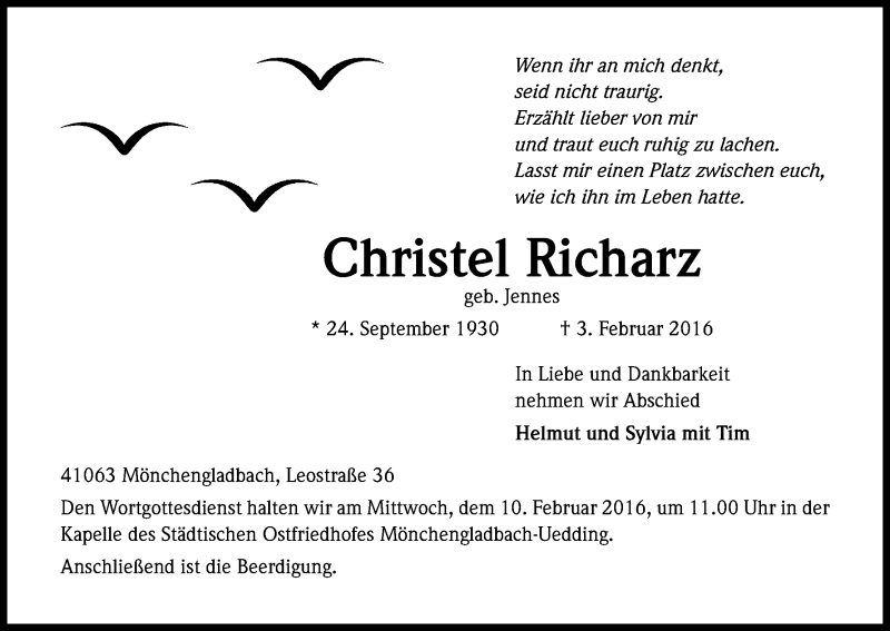  Traueranzeige für Christel Richarz vom 06.02.2016 aus Kölner Stadt-Anzeiger / Kölnische Rundschau / Express
