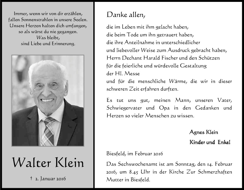  Traueranzeige für Walter Klein vom 10.02.2016 aus Kölner Stadt-Anzeiger / Kölnische Rundschau / Express