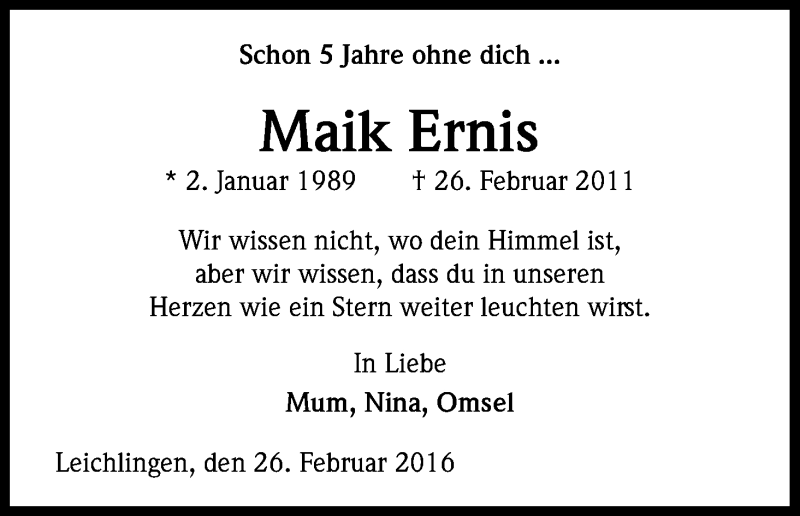  Traueranzeige für Maik Ernis vom 26.02.2016 aus Kölner Stadt-Anzeiger / Kölnische Rundschau / Express