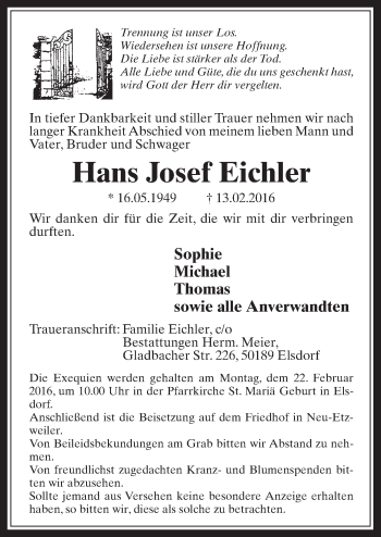 Anzeige von Hans Josef Eichler von  Werbepost 