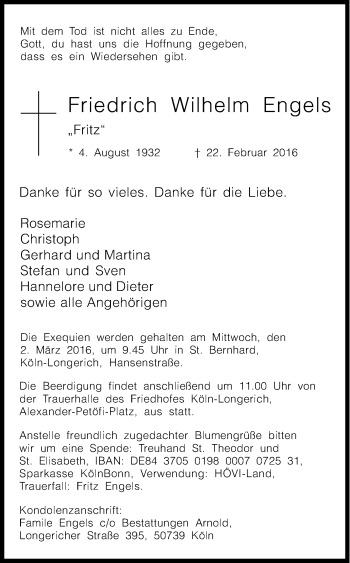 Anzeige von Friedrich Wilhelm Engels von Kölner Stadt-Anzeiger / Kölnische Rundschau / Express