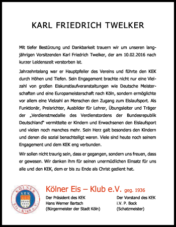 Anzeige von Karl Friedrich  Twelker  von Kölner Stadt-Anzeiger / Kölnische Rundschau / Express