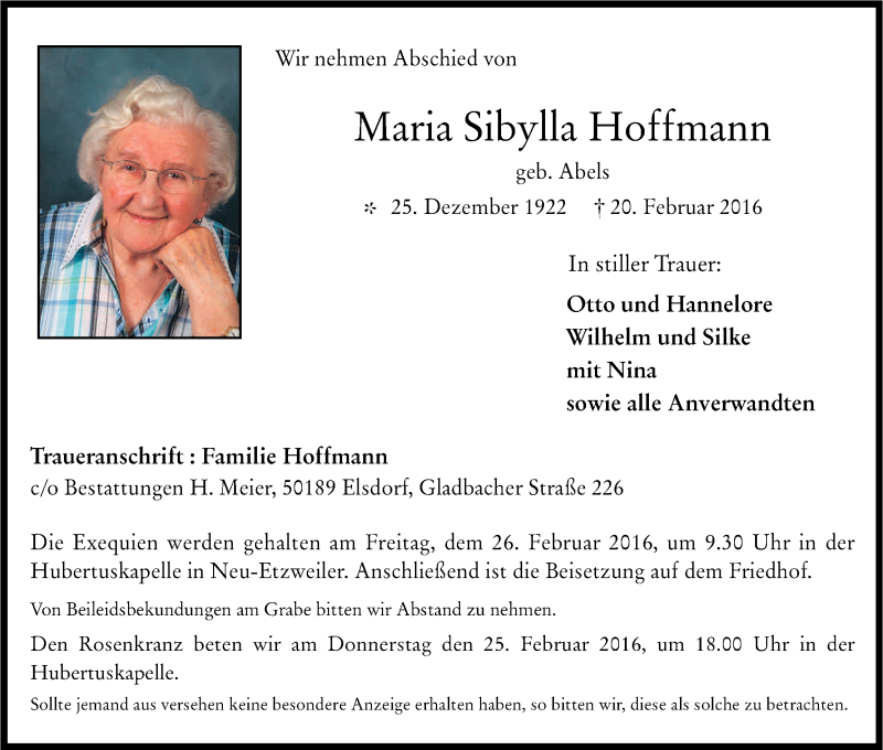 Traueranzeige für Maria Sibylla Hoffmann vom 23.02.2016 aus Kölner Stadt-Anzeiger / Kölnische Rundschau / Express