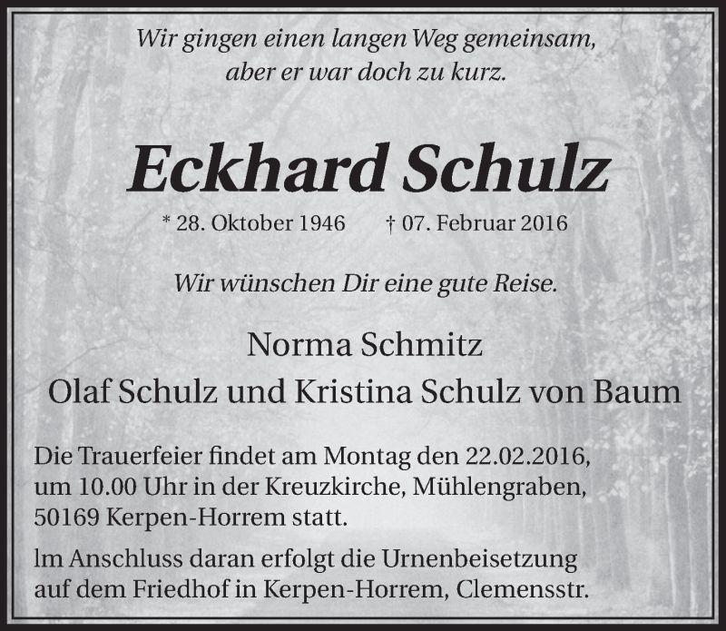  Traueranzeige für Eckhard Schulz vom 20.02.2016 aus  Sonntags-Post 