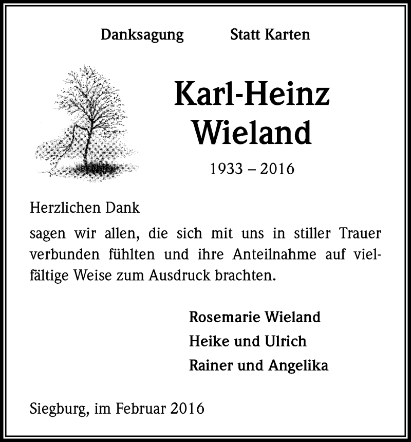  Traueranzeige für Karl-Heinz Wieland vom 13.02.2016 aus Kölner Stadt-Anzeiger / Kölnische Rundschau / Express