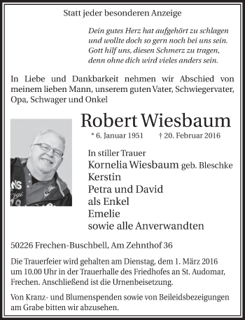 Anzeige von Robert Wiesbaum von  Sonntags-Post 