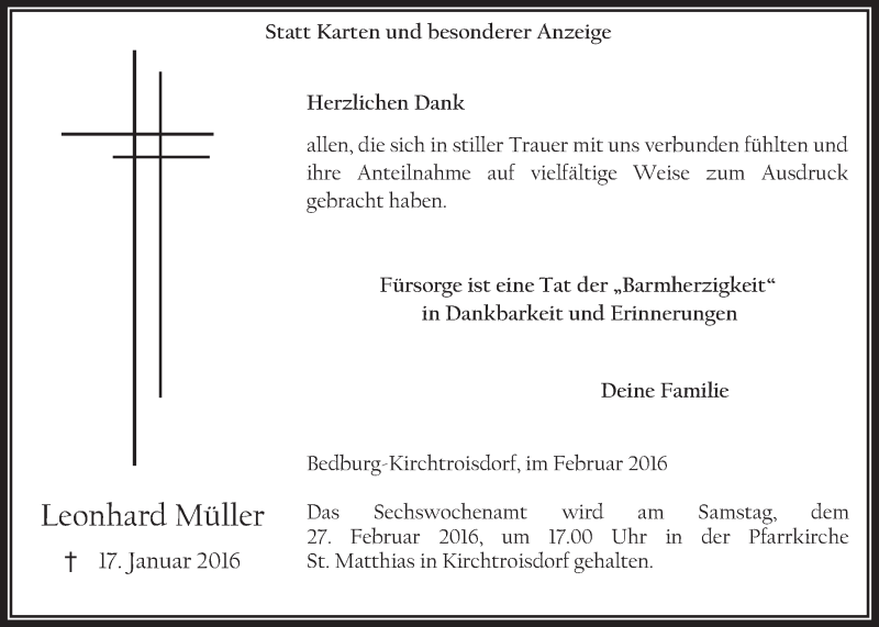  Traueranzeige für Leonhard Müller vom 24.02.2016 aus  Werbepost 
