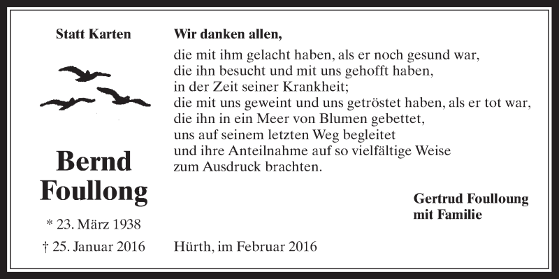  Traueranzeige für Gertrud Foullong vom 24.02.2016 aus  Wochenende 