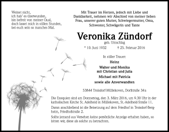 Anzeige von Veronika Zündorf von Kölner Stadt-Anzeiger / Kölnische Rundschau / Express