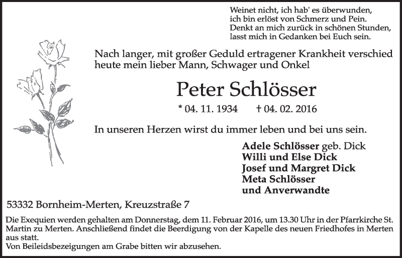  Traueranzeige für Peter Schlösser vom 10.02.2016 aus  Schlossbote/Werbekurier 
