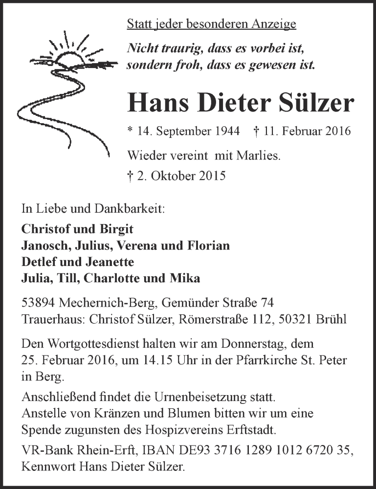  Traueranzeige für Hans Dieter Sülzer vom 17.02.2016 aus  Schlossbote/Werbekurier 