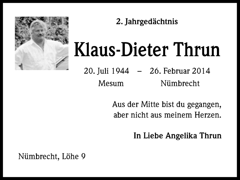  Traueranzeige für Klaus-Dieter Thrun vom 27.02.2016 aus Kölner Stadt-Anzeiger / Kölnische Rundschau / Express
