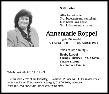 Anzeige von Annemarie Roppel von Kölner Stadt-Anzeiger / Kölnische Rundschau / Express
