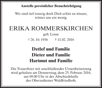 Anzeige von Erika Rommerskirchen von  Sonntags-Post 