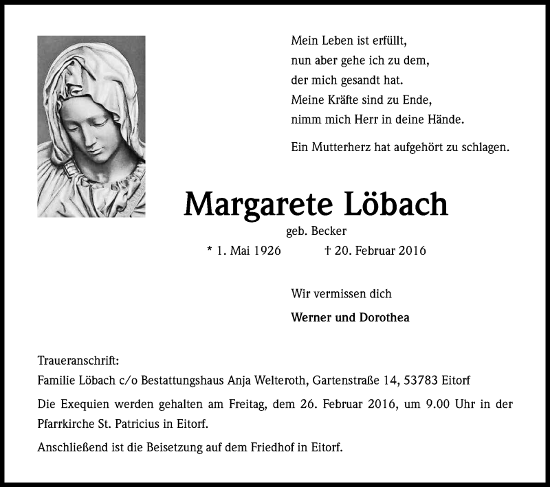  Traueranzeige für Margarete Löbach vom 24.02.2016 aus Kölner Stadt-Anzeiger / Kölnische Rundschau / Express