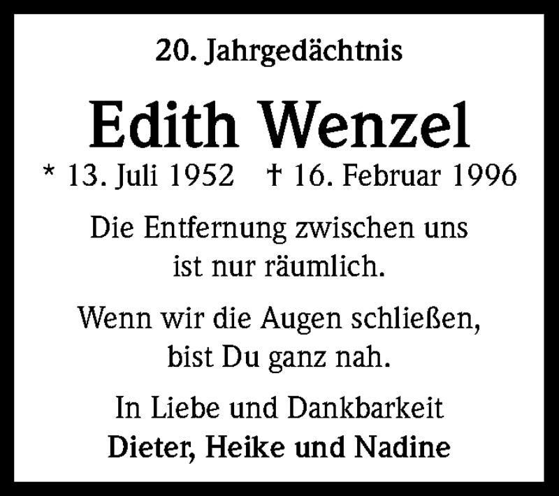  Traueranzeige für Edith Wenzel vom 16.02.2016 aus Kölner Stadt-Anzeiger / Kölnische Rundschau / Express