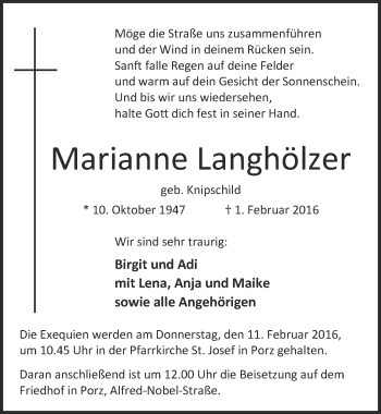 Anzeige von Marianne Langhölzer von  Kölner Wochenspiegel 