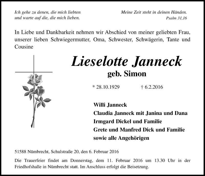  Traueranzeige für Lieselotte Janneck vom 10.02.2016 aus  Lokalanzeiger 